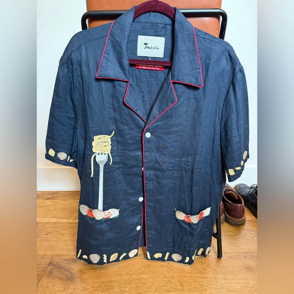 Tombolo Pomodori Pelati Camp Shirt Navy Embroidered Pasta Seashells Size L